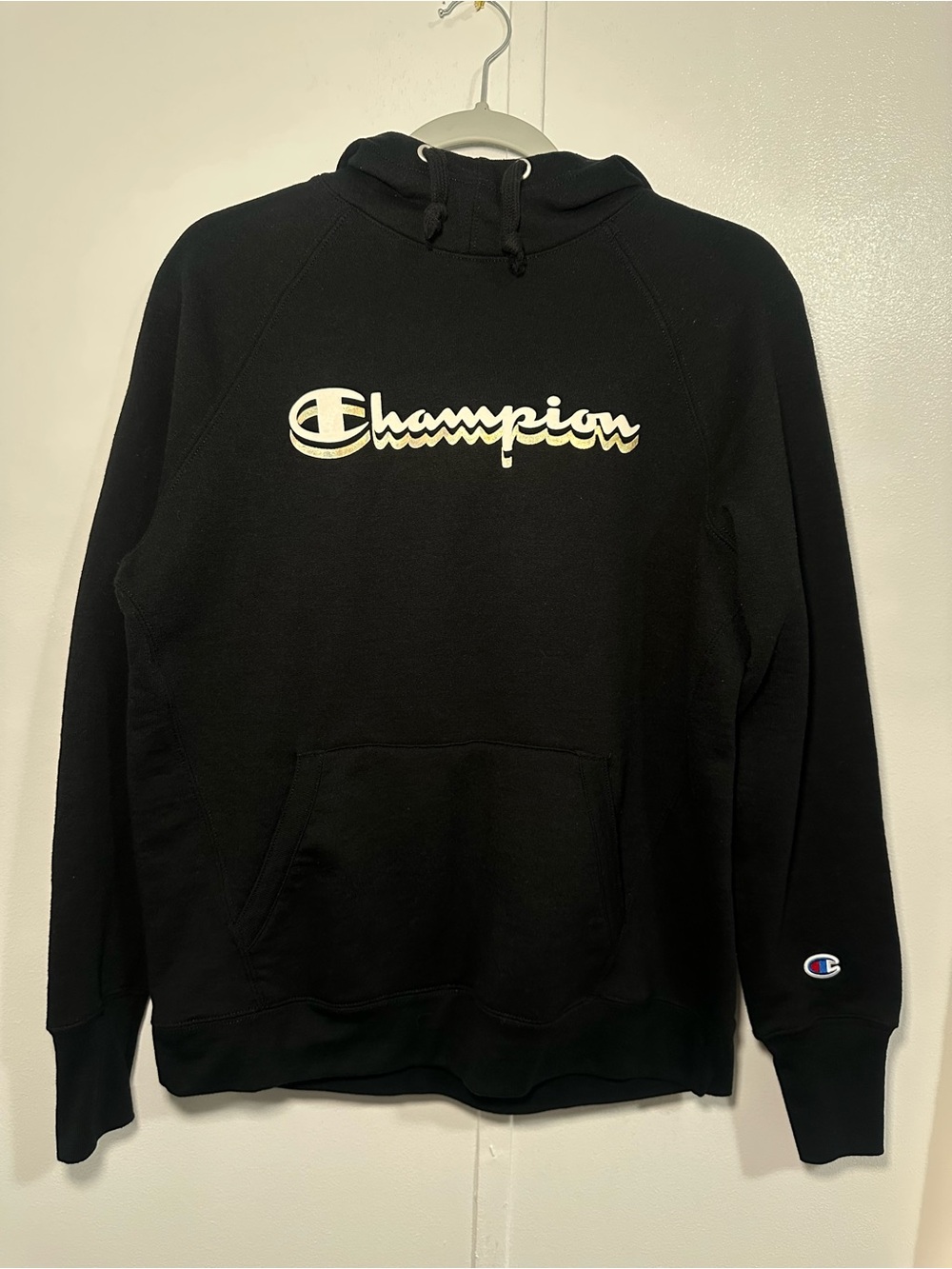 Champion Black Crewneck Hoodie with White Script Logo